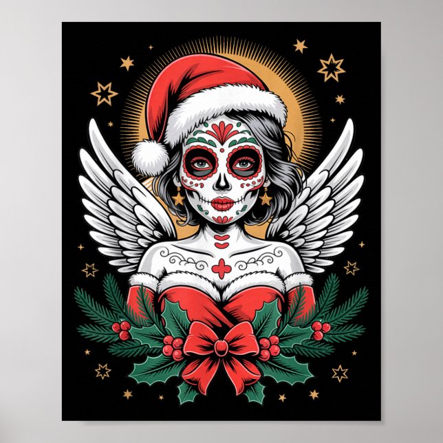 Poster Christmas Sugar Skull Art Woman Santa Hat Festive  (Frente)