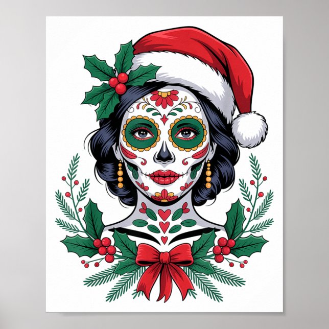Poster Christmas Sugar Skull Art Woman Santa Hat Festive  (Frente)