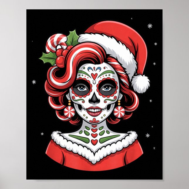 Poster Christmas Sugar Skull Art Woman Santa Hat Festive  (Frente)