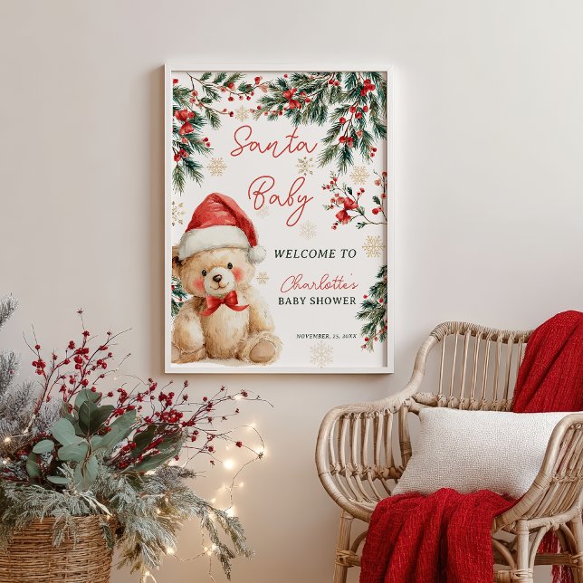 Poster Christmas Teddy Bear Santa Baby Shower Welcome (Christmas Teddy Bear Santa Baby Shower Welcome Poster)