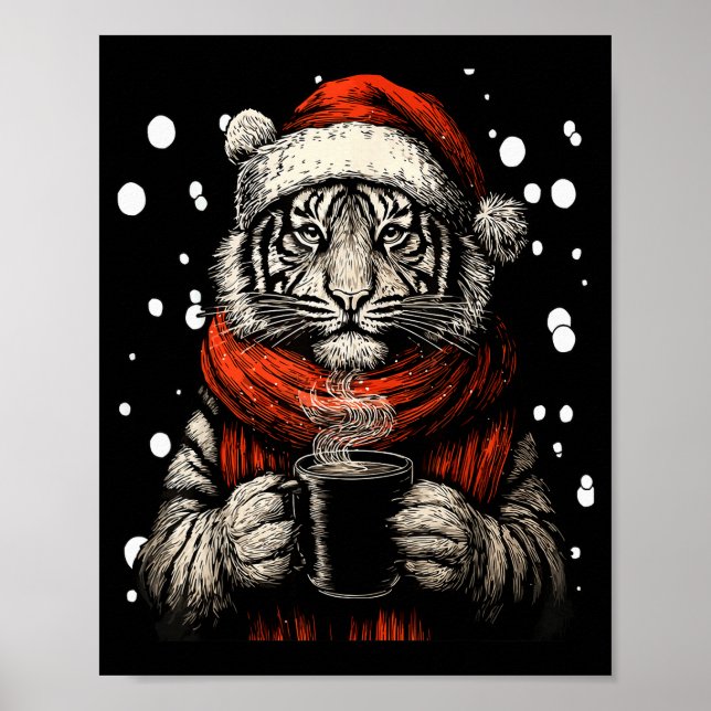 Poster Christmas Tiger With Santa Hat Coffee Lover Funny  (Frente)