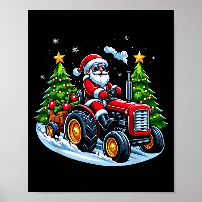 Poster Christmas Tractor Santa Xmas Farm Truck Men Boys K (Frente)