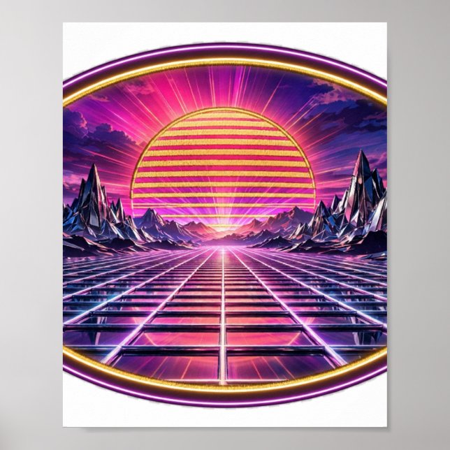 Poster Chrome Horizon — Pôr do Sol Retro Synthwave (Frente)
