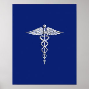Poster Chrome Like Caduceus Medical Symbol Navy Blue Deco