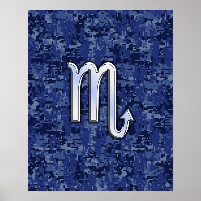 Poster Chrome Scorpio Zodiac Sinal no Camo Azul Marinho (Frente)