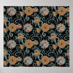 Poster Chrysanthemum Black Background, Floral Vintage.