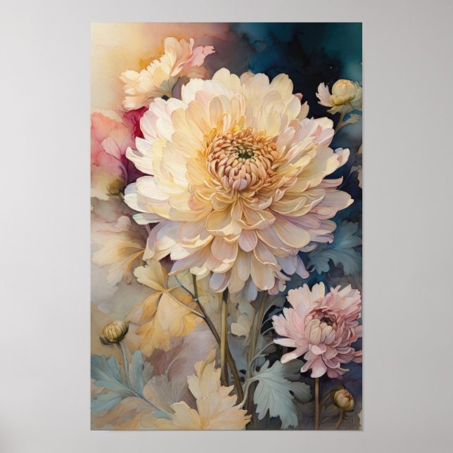 Poster Chrysanthemum - Flores de Aquarela Arte Botânica (Frente)