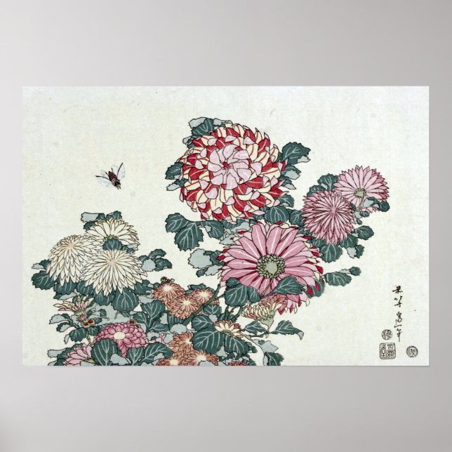 Poster Chrysanthemums & Bee, Arte Japonesa por Hokusai (Frente)