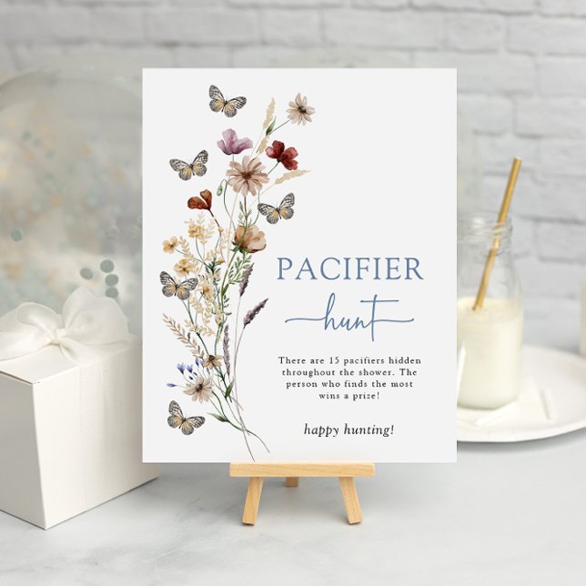 Poster Chupeta Flor Silvestre Azul (Dusty Blue Wildflower Pacifier Hunt Game Poster with Butterflies by Painted Paperie
)