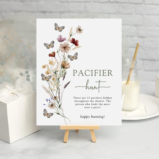 Poster Chupeta Flor Silvestre Verde (Sage Green Wildflower Pacifier  Hunt Game Poster with Butterflies by Painted Paperie
)