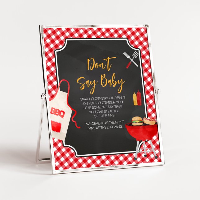 Poster Churrasco de Gingham Vermelho Não diga amor (Burger in the Oven Baby Shower Don't Say Baby Sign
)