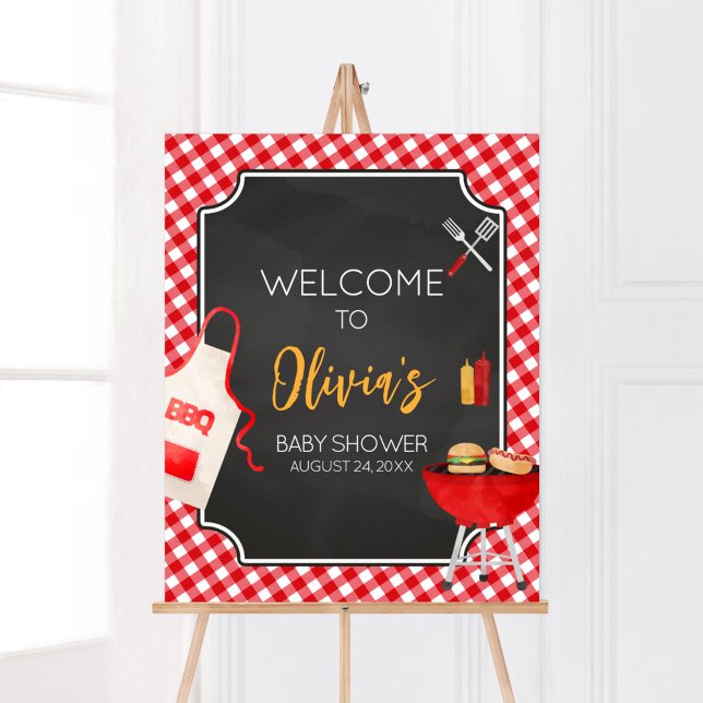 Poster Churrasco Red Gingham Boas-vindas (Burger in the Oven Baby Shower Welcome Sign)