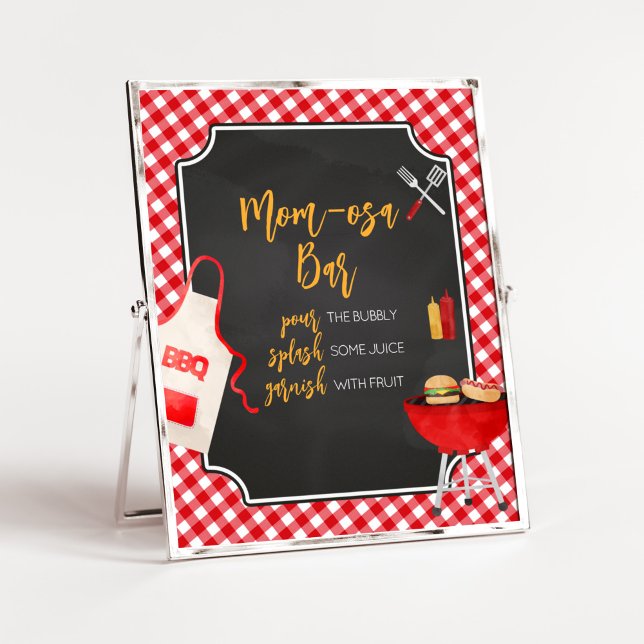 Poster Churrasco Red Gingham Chá de fraldas Mãe Bar Osa (Burger in the Oven Baby Shower Mom Osa Bar Sign)