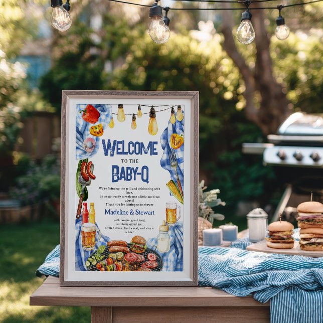 Poster Churrasco Russo Verão Azul Xadrez Bebê-Q Chá Bem-v (Rustic BBQ Summer Blue Plaid Baby-Q Shower Welcome Poster)