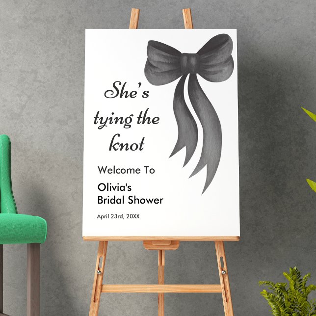 Poster Chuva de Arroz com Laço Preto Chá de Noiva (Black Bow She's Tying the Knot Bridal Shower Welcome Sign )