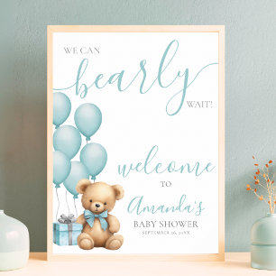 Poster Chuva de Balões Urso de Pelúcia Azul Recepção de B