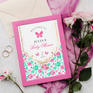 Poster Chuva de Bebê Arco Dourado Flor Rosa Adorável