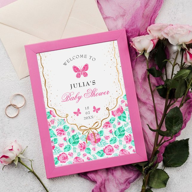 Poster Chuva de Bebê Arco Dourado Flor Rosa Adorável (Criador carregado)
