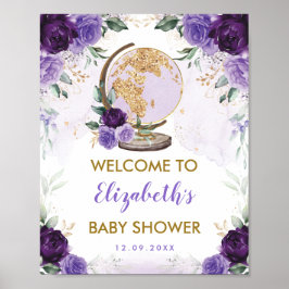 Poster Chuva de Bebê Aventura Floral Dourada Roxa