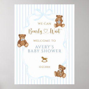 Poster Chuva de Bebê Azul Urso Elegante Listra