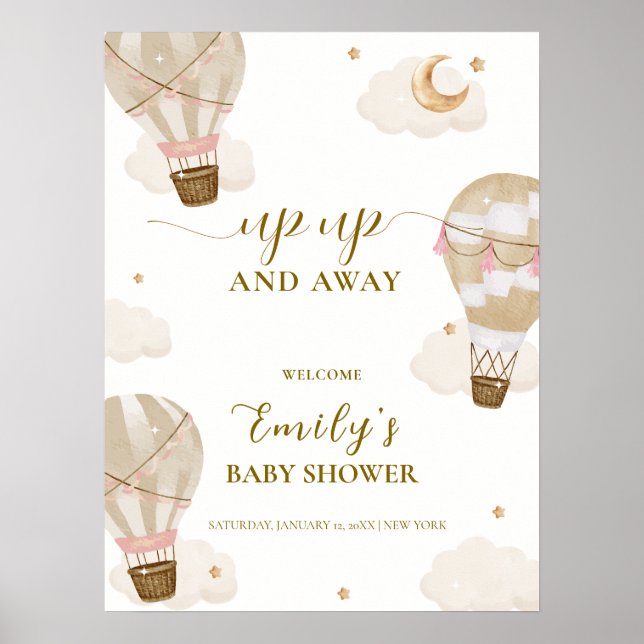 Poster Chuva de Bebê Balão de Ar Quente Boho Neutro Bem-v (Frente)