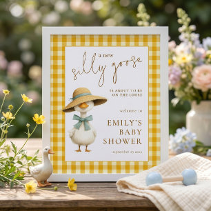 Poster Chuva de Bebê Bem-vindo Gingham Amarelo de Ganso I