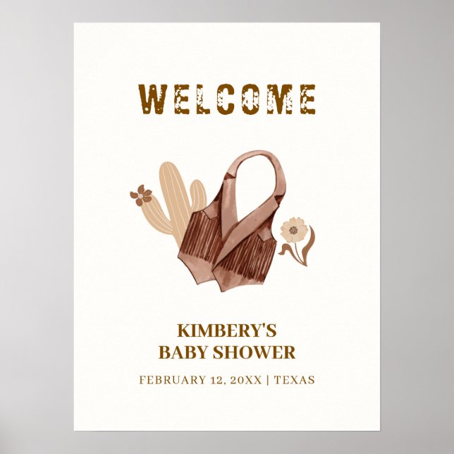 Poster Chuva de Bebê Cowgirl Boho Neutra de Cactus Bem-vi (Frente)
