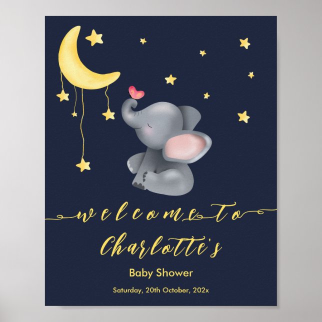 Poster Chuva de Bebê de Elefante Fofo com Borboleta (Frente)