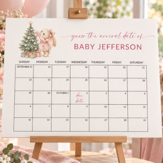 Poster Chuva de Bebê do Coelho de Natal Adivinhe a Data d (Bunny Christmas Guess the Arrival Date Baby Shower Calendar Sign, watercolor bunny on easel)