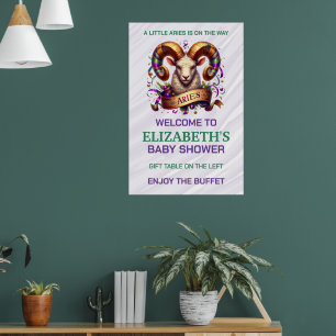Poster Chuva de Bebê do Zodíaco de Áries Lavanda e Verde