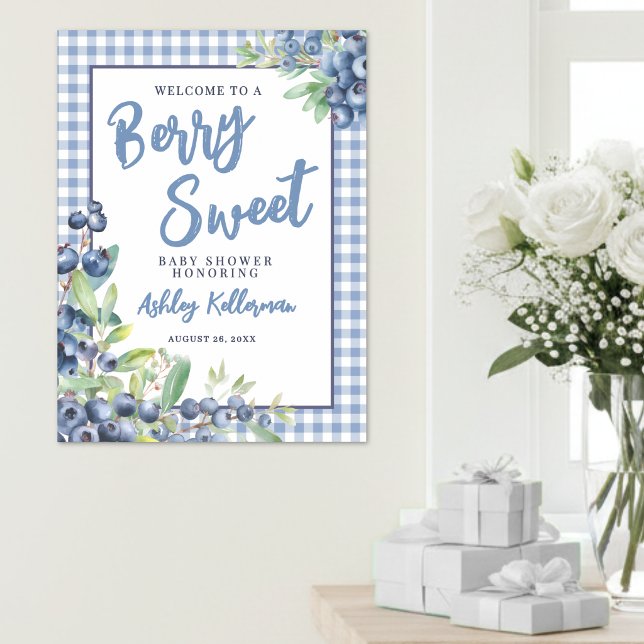 Poster Chuva de Bebê Doce Mirtilo Azul (Blueberry Blue Gingham Berry Sweet Baby Shower Poster )
