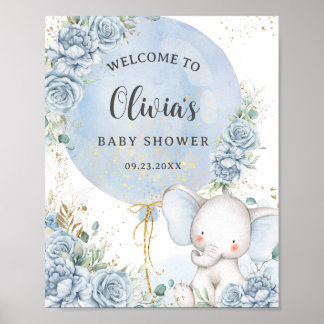 Poster Chuva de Bebê Elefante Floral Azul Bebê Menino