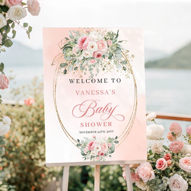 Poster Chuva de Bebê Elegante Boho Rosas Bege Verde Doura (Elegant Boho Blush Roses Greenery Gold Baby Shower)