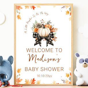 Poster Chuva de Bebê Little Pumpkin Floral e Xadrez Bem-v