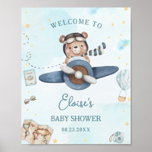 Poster Chuva de Bebê Menino Avião Azul Urso Fofo Aventura