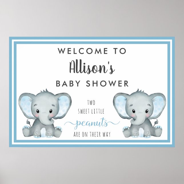 Poster Chuva de Bebê Menino Elefante Gêmeo Bem-Vindo (Frente)