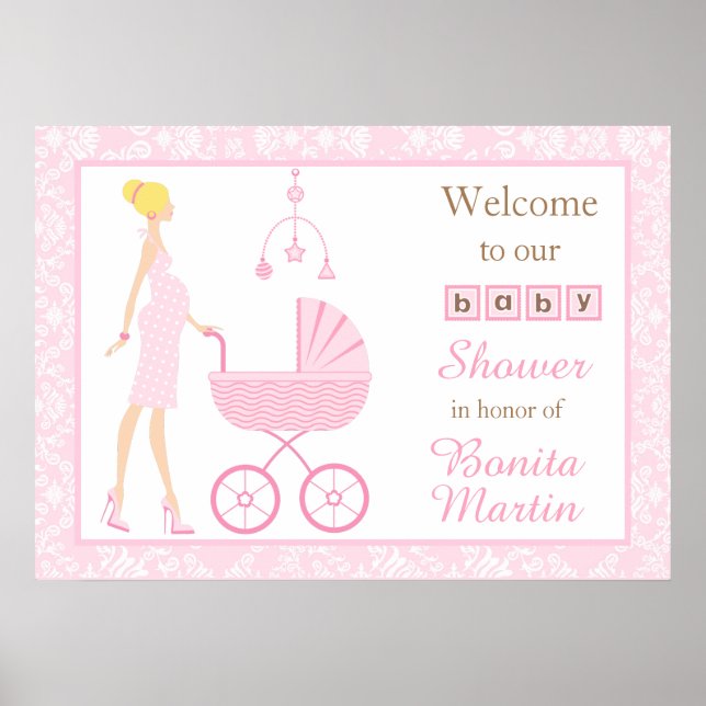 Poster Chuva de Bebê Mulher Loira Damask Rosa (Frente)