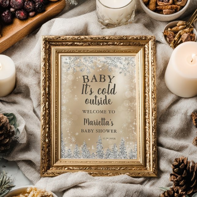 Poster chuva de bebê neve prateada pinheiro dourado inver (Winter silver snow pine gold welcome baby shower poster)