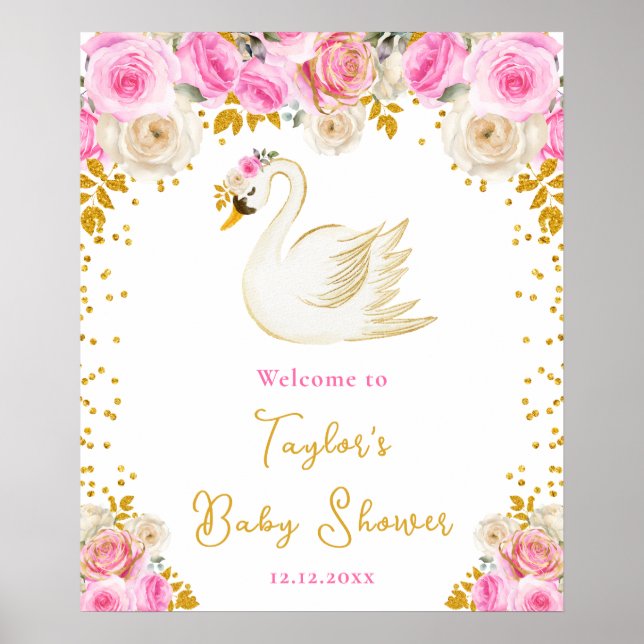 Poster Chuva de Bebê Rosa e Ouro Bem-vindo (Frente)