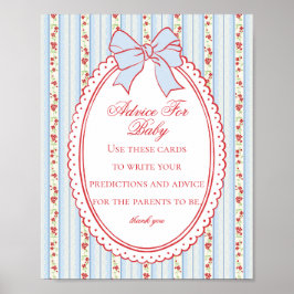Poster Chuva de Bebê Vintage Floral Chique Vermelho e Azu