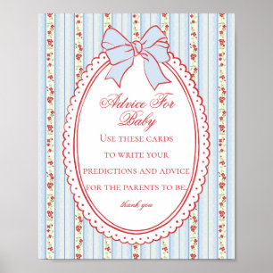 Poster Chuva de Bebê Vintage Floral Chique Vermelho e Azu