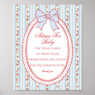 Poster Chuva de Bebê Vintage Floral Chique Vermelho e Azu