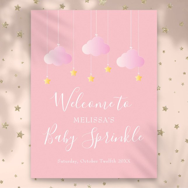Poster Chuva de Bênçãos Rosa Bem-vinda Menina Bebê (Twinkle Sprinkle Pink Baby Girl Shower Welcome Poster)