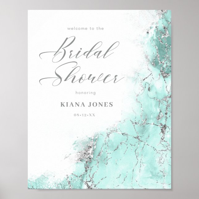 Poster Chuva de Brilho de Mármore Prata Azul Turquesa ID6 (Frente)