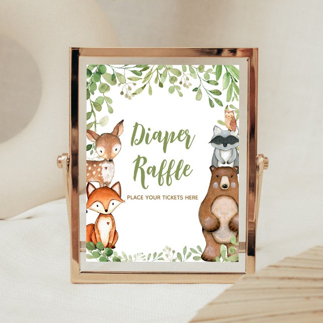 Poster Chuva de Fraldas para Chás de Bebê Floresta Verde (Woodland Animals Baby Shower Diaper Raffle SIgn)