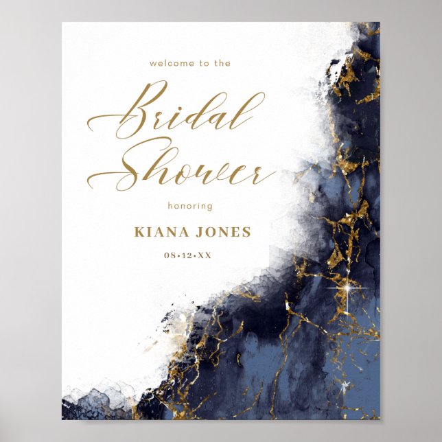 Poster Chuva de Glitter no Casamento Azul Naval Dourado I (Frente)