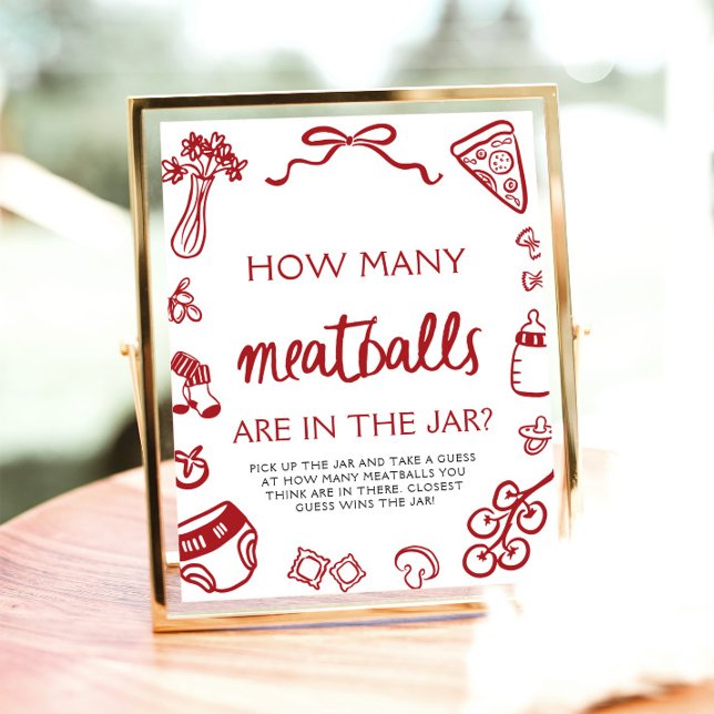 Poster Chuva de Ideias: Quantas Almôndegas Chá de Bebê De (Hand Drawn Guess How Many Meatballs Baby Shower Sign)