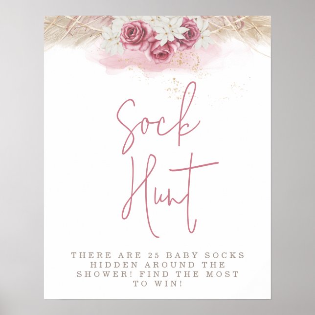 Poster Chuva de Meias no Chá de Bebê de Rosas Rosa Boho T (Frente)