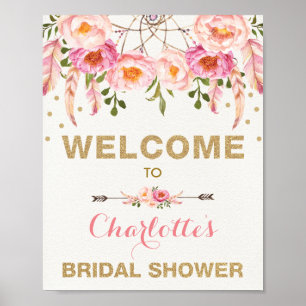 Poster Chuva de Noiva Boho Floral Rosa Dourado Apanhador 