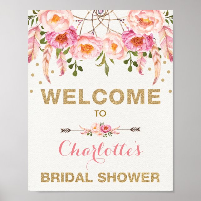 Poster Chuva de Noiva Boho Floral Rosa Dourado Apanhador  (Frente)